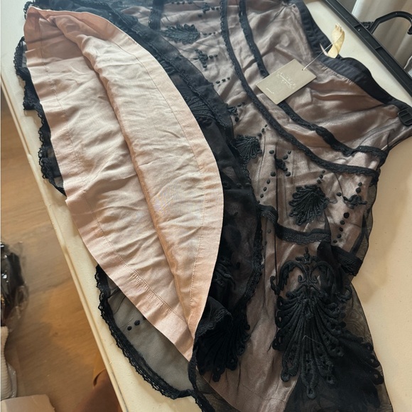 Anthropologie Black Embroidered Overlay A-Line Skirt on Nude Lining - Picture 7 of 11